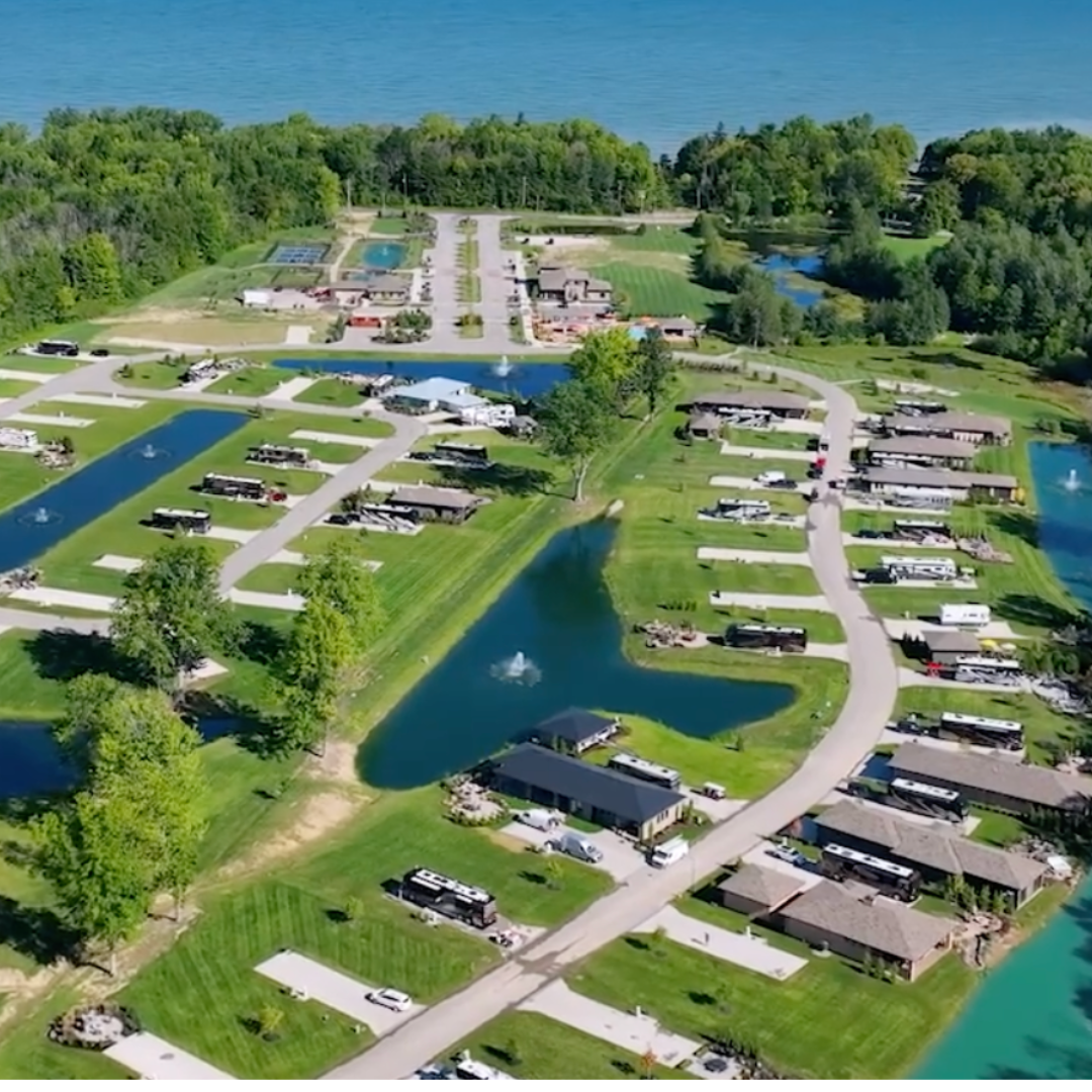 Aerial view of MotorCoach Resort Lake Erie Shores, a Wegman Hessler client development